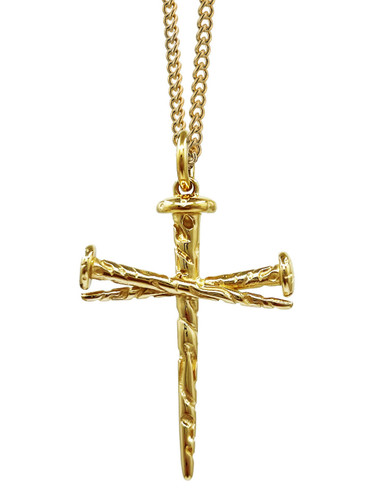 Shields of Strength Stainless Steel Gold Plated Nail Cross Necklace-John 19:30-Front View
