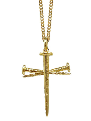 Shields of Strength Stainless Steel Gold Plated Nail Cross Necklace-John 19:30-Back View