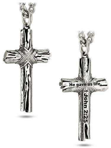 Men's Stainless Steel Woodgrain Cross Pendant Necklace -1 John 2:25