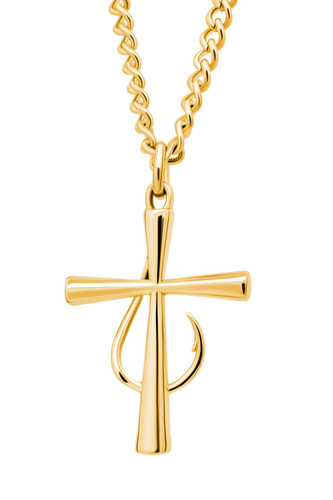 Shields of Strength Outdoor Enthusiasts Faith on the Water: Men's Fish Hook Cross Pendant Details in 14K Gold Plated