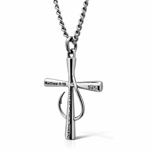 Men's Fish Hook Cross Pendant-Matthew 4:19