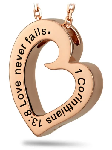 Solid 14K Rose Gold "Love Never Fails" Heart Necklace-1 Cor 13:8