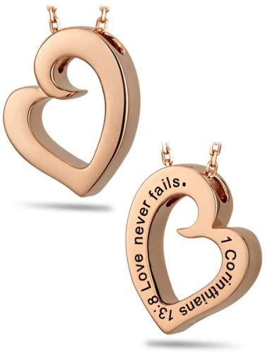 Solid 14K Rose Gold "Love Never Fails" Heart Necklace-1 Cor 13:8