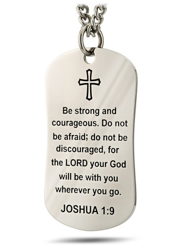 Men's stainless steel dog tag necklace with Joshua 1:9 & Psalm 91 inscriptions, front view on white background.