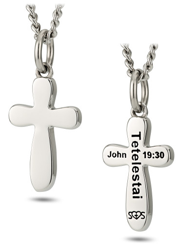 Women's Stainless Steel Wave Cross Necklace- John 19:30-Front and Back View