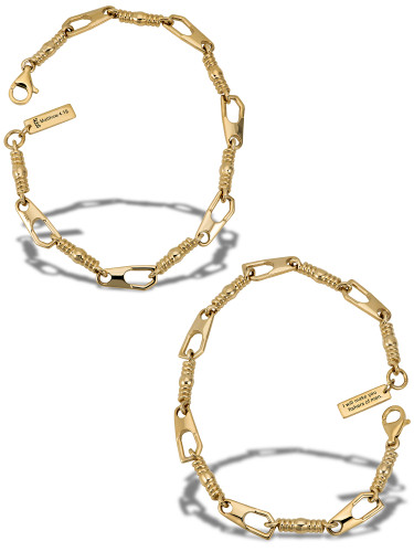 Women's 7.5 inch Fishers Of Men Matthew 4:19 tab bracelet in 14K gold plated finish, inscribed with 'I will make you fishers of men'.
 - Matthew 4:19