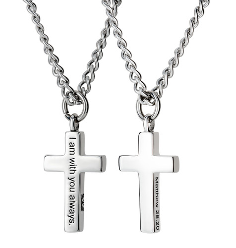 Shields of Strength Men's Always Cross Necklace Matthew 28:20, 'I am with you always' cross for men, stainless steel-Front and Back View
