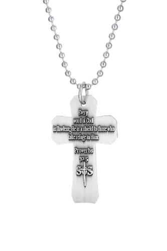 Shields Of Strength Antique Finish Flag Cross Necklace  - Proverbs 30:5-Back View