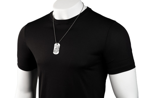 Shields of Strength Trucker Dog Tag Necklace - Proverbs 3:5-6  - Mannequin with Necklace View