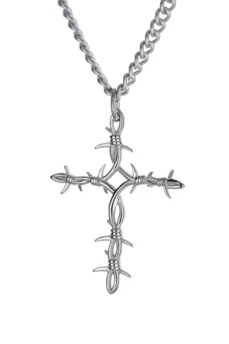 Men's Barbed Wire Cross Necklace - John 19:30 Stainless Steel Front View