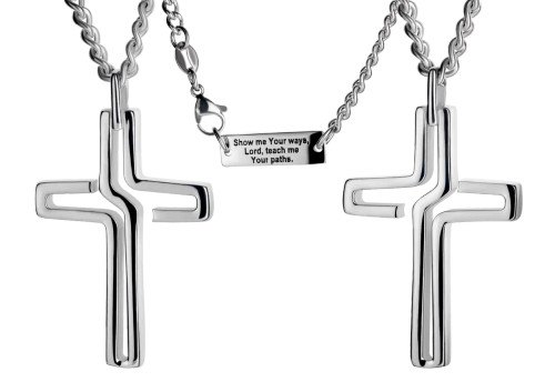 Men's Stainless Steel Path Cross Necklace- Psalm 25:4