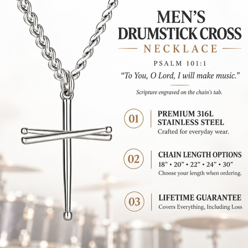 Men's Drumsticks Cross Necklace -Psalm 101:1