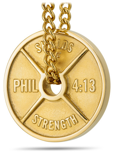 Shields of Strength Men's Gold Plated Stainless Steel High Relief Weight Plate Necklace-Phil 4:13 Front View