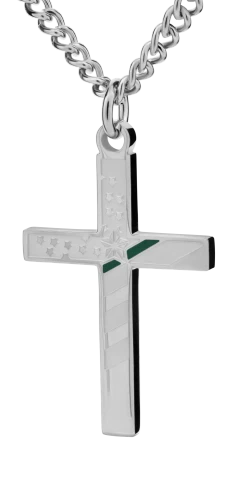 Stainless Steel Men's Thin Green Line Cross Necklace - Joshua 1:9