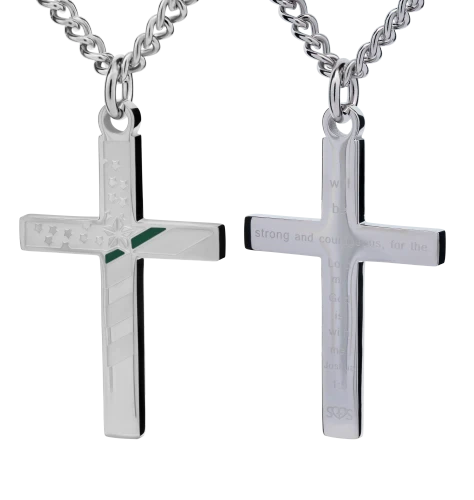 Stainless Steel Men's Thin Green Line Cross Necklace - Joshua 1:9