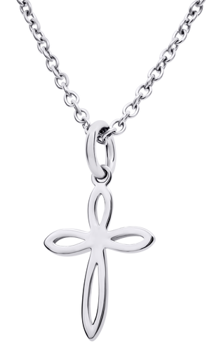Back View Dainty women's stainless steel cross necklace with Infinity symbol, inscribed Hebrews 13:8. Tarnish-free Christian pendant for her.