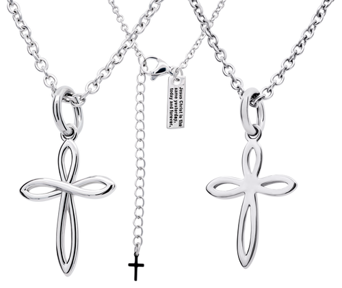 Front and Back View Dainty women's stainless steel cross necklace with Infinity symbol, inscribed Hebrews 13:8. Tarnish-free Christian pendant for her.