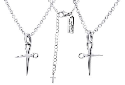 Shields of Strength Women's Scissors Cross Necklace- Matthew 10:30-Front and Back View