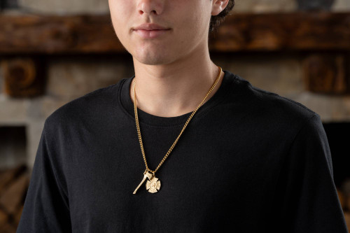 Shields of Strength Men's Stainless Maltese Firefighter Cross / Axe Combo Necklace - Isaiah 6:8 Man wearing necklace