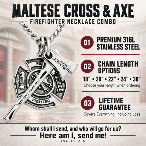 Men's Maltese Firefighter Cross / Axe Combo Necklace - Isaiah 6:8