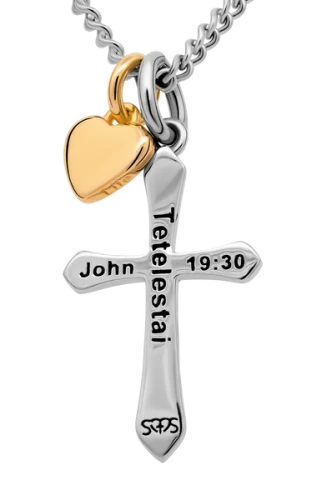 Women's Stainless Cross and Gold Plated Dainty Heart Combo Necklace- John 19:30 / John 14:6