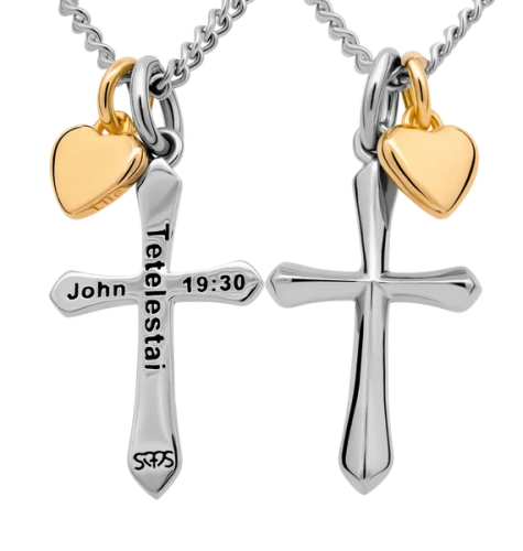 Women's Stainless Cross and Gold Plated Dainty Heart Combo Necklace- John 19:30 / John 14:6