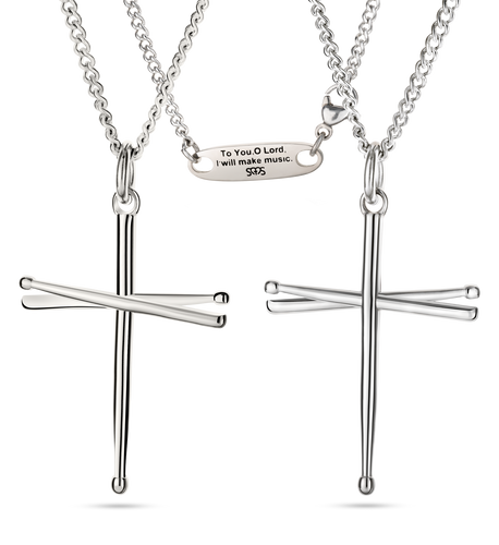 Shields Of Strength Men’s stainless steel drumsticks cross and treble clef necklace engraved with Psalm 101:1.-Front and Back View