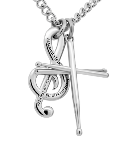 Shields of Strength Men’s stainless steel drumsticks cross and treble clef necklace engraved with Psalm 101:1.-Back View
