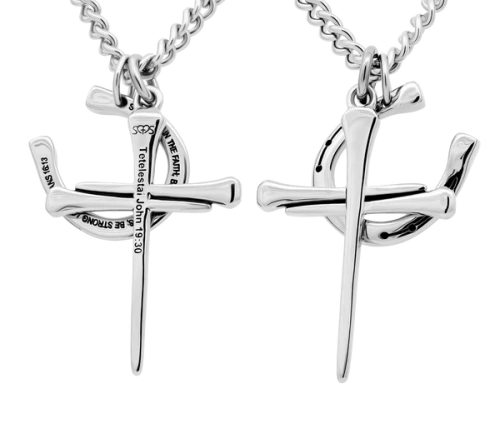 Woman's Stainless Horseshoe Nail Cross / Horseshoe Combo Necklace - John 19:30 / 1 Corinthians 16:13