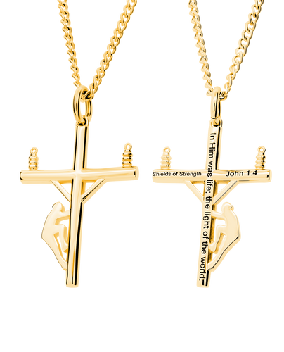 Shields of Strength Gold Plated Women's Small Lineman Cross Necklace - John 1:4-Front and Back View