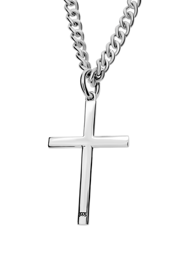 A small men's classic cross necklace with a shining finish and oval ends, available in silver stainless steel. The cross pendant measures 1.23 inches tall and has 'Philippians 4:13' inscribed on the back, attached to a curb chain.
-Front View