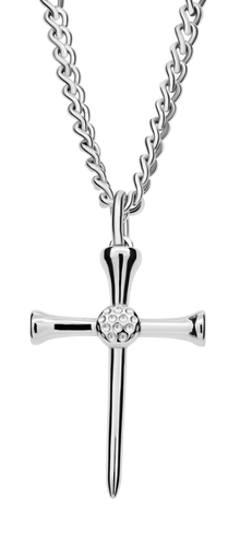 Men's Stainless Steel Golf Cross Necklace featuring two crossed golf tees and Philippians 4:13 scripture inscription-Front View