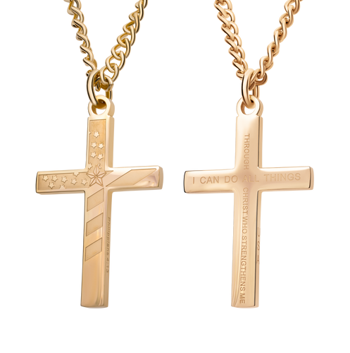 Shields of Strength Men's 4:13 Flag Cross Necklace Gold - Philippians 4:13-Front and Rear View