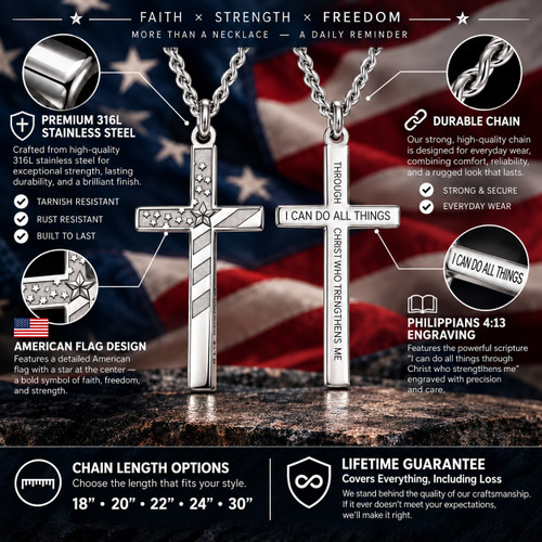 Men's Philippians 4:13 Flag Cross Necklace - Philippians 4:13