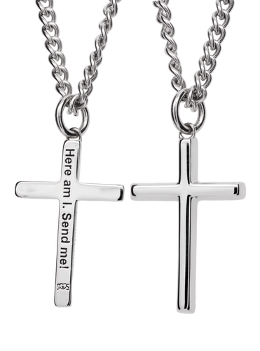 Shields of Strength Stainless Men's Send Me Cross Pendant- Isaiah 6:8-Front and back view 