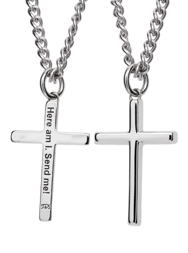 Shields of Strength Stainless Men's Send Me Cross Pendant- Isaiah 6:8-Front and back view 