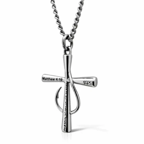 Back view of the stainless steel Fish Hook Cross Necklace showing the Matthew 4:19 engraving and Shields of Strength logo.