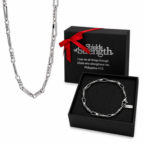 Fishers of Men Gift Set featuring a Matthew 4:19 stainless steel bracelet and fish hook cross necklace by Shields of Strength