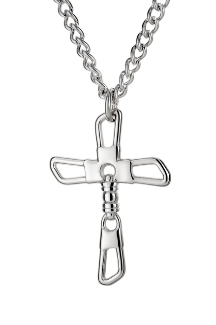 Sterling Silver Rh-plated Large Off-Set Sideways Curved Cross Necklace -  Quality Gold