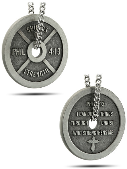 Shields Of Strength Women's Antique Finish Weight Plate Necklace-Phil 4:13-Front and Back View Shields Of Strength Women's Antique Finish Weight Plate Necklace-Phil 4:13-Front and Back View