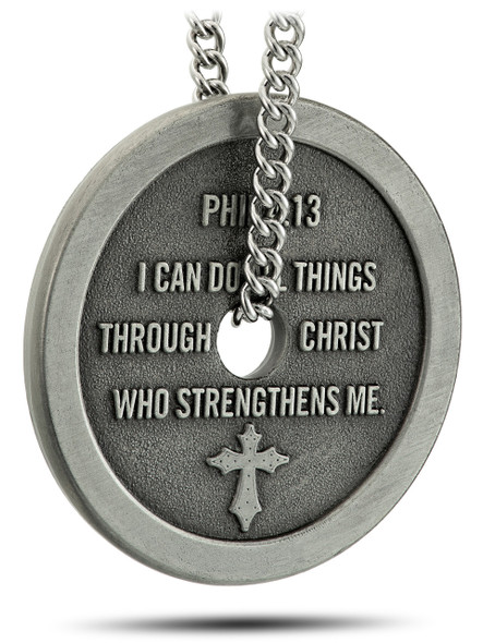 Shields Of Strength Women's Antique Finish Weight Plate Necklace-Phil 4:13-Back View Shields Of Strength Women's Antique Finish Weight Plate Necklace-Phil 4:13-Back View