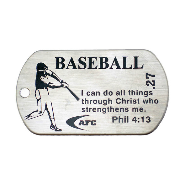 Shields Of Strength Baseball Stainless Steel Dog Tag Necklace- Phil 4:13 - Front View Shields Of Strength Baseball Stainless Steel Dog Tag Necklace- Phil 4:13 - Front View