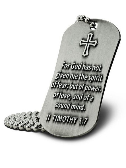 Shields of Strength II Timothy 1:7-Antique Finish Dog Tag Necklace-Front View