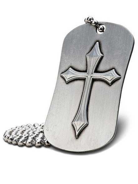 Shields of Strength Antique Finish Dog Tag Necklace with Philippians 4:13 scripture inscription Front View