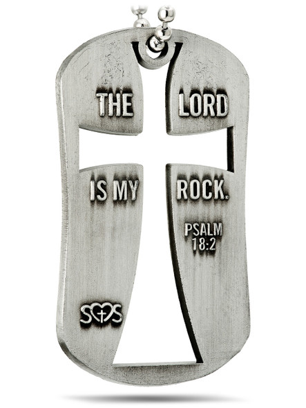 Cut Out Cross Dog Tag Necklace Psalm 18:2 Antique Finish Shields Of Strength Back View