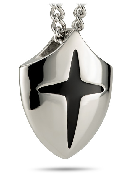 Men's silver surgical grade stainless steel cross shield necklace with an inscribed Joshua 1:9 pendant on a matching chain. -Front View Men's silver surgical grade stainless steel cross shield necklace with an inscribed Joshua 1:9 pendant on a matching chain. -Front View
