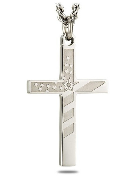 Men's Flag Cross Necklace Proverbs 30:5 by Shields of Strength front view showing American flag detail