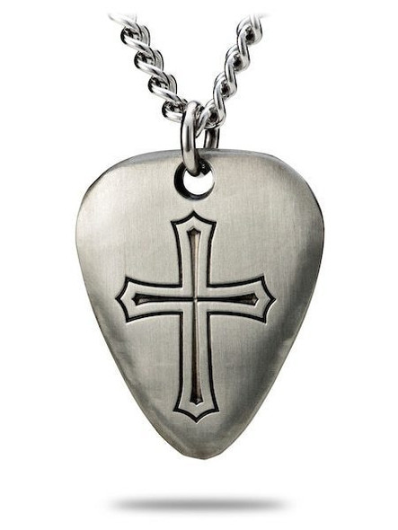 Shields of Strength Men's Christian Guitar Pick Cross Necklace with Psalm 101:1 Scripture-Front View Shields of Strength Men's Christian Guitar Pick Cross Necklace with Psalm 101:1 Scripture-Front View