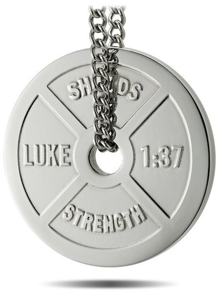 Women's Stainless Steel Weight Plate Necklace-Luke 1:37-Front View Women's Stainless Steel Weight Plate Necklace-Luke 1:37-Front View