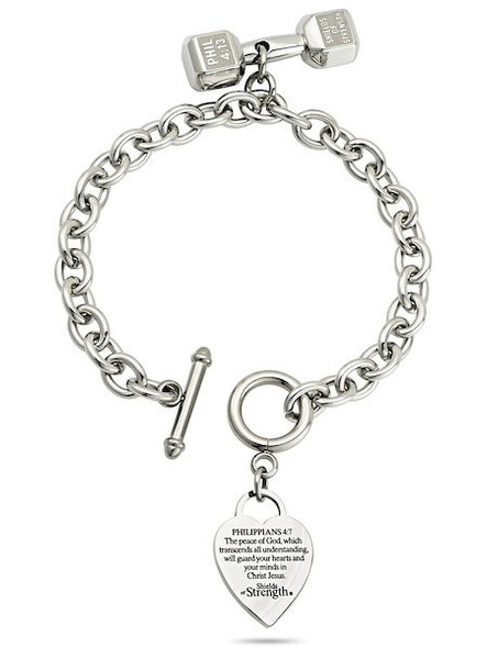 Shields Of Strength Stainless Steel Heart Bracelet with Fitness Dumbbell-Phil 4:13. Front View Shields Of Strength Stainless Steel Heart Bracelet with Fitness Dumbbell-Phil 4:13. Front View